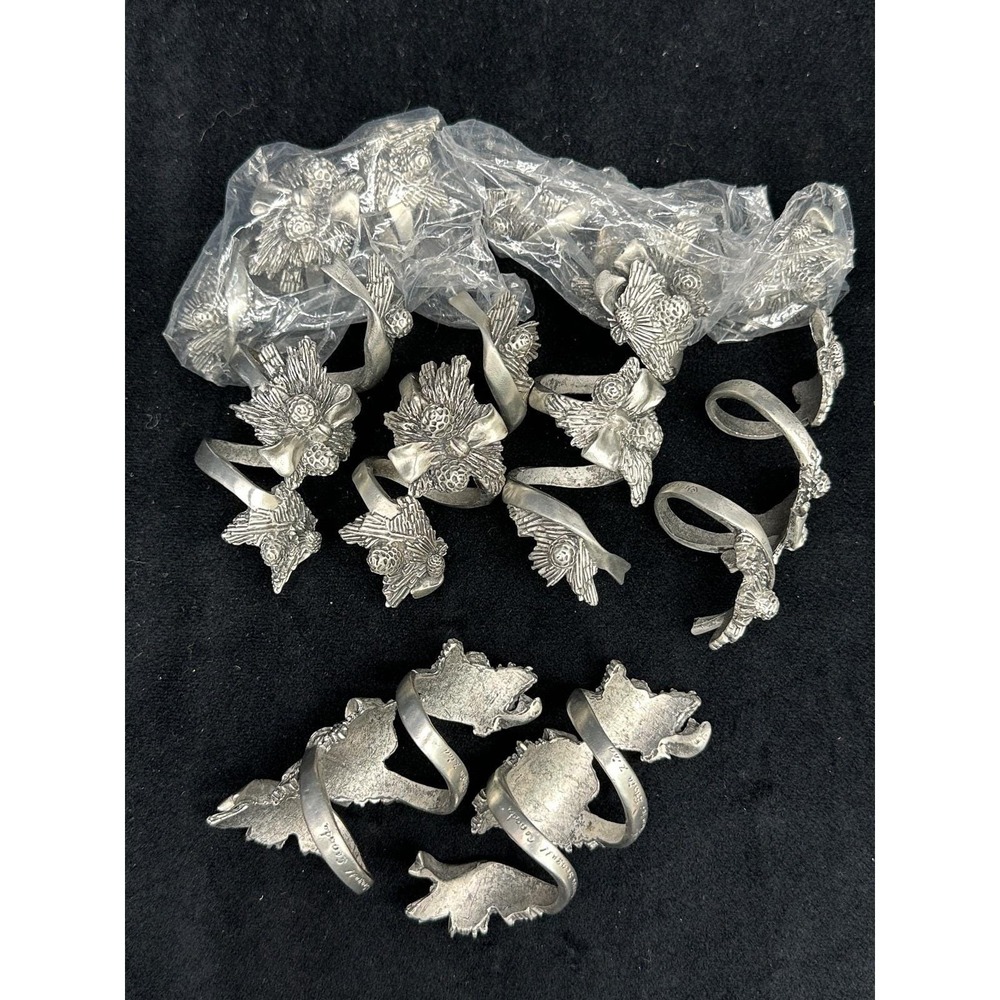Vintage Seagull Pewter Napkin Rings Pinecones Satin Set of 8 Christmas Table